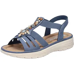 Sandale RIEKER, Damen, Gr. 38, blau (hellblau), Nubuklederimitat, klassisch, Schuhe, Sommerschuh, Riemchensandalette, Schmuckverzierung, Gummizüge