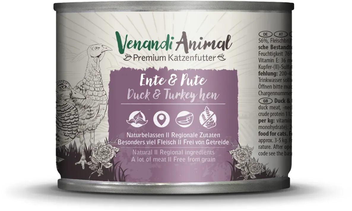 Venandi Animal 200 Gramm Katzennassfutter Sparpaket 12 x 200 Gramm Ente & Pute