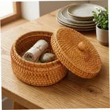Weidenkorb mit Deckel, natürlicher Rattan-Aufbewahrungskorb für die Organisation zu Hause, runde dekorative Box für Schlüssel, Snacks, Obst, rund, Weide mit Deckel, Aufbewahrung