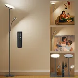 Amdelne 35W Stehlampe LED Wohnzimmer, 3000K-6000K Dimmbar Deckenfluter Stehleuchte Schwarz mit Flexible Leselampe, 4200LM Standleuchte Modern mit Fernbedienung & Touch-Steuerung für Schlafzimmer Büro