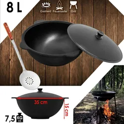 4BIG.fun Gusseisen Kasan 8L eben NAMANGAN Aluminium Deckel Kochen im Freientopf Kazan WOK Kessel Kochen im Freien BBQ Asia Schaumkelle
