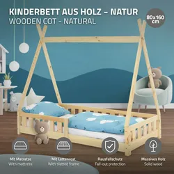 Kinderbett+Matratze Rausfallschutz Tipi Bett Hausbett Kiefernholz Natur 80x160cm