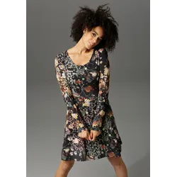 Jerseykleid ANISTON CASUAL, Damen, Gr. 46, N-Gr, bunt (schwarz, grün, orange, rot, mais, flieder, rose), Single Jersey, Obermaterial: 95% Baumwolle, 5% Elasthan, bedruckt, geblümt, modisch, kniefrei, Rundhals, Langarm, Kleider, mit Blumendruck oder in uni Schwarz