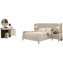 JV Möbel Stilvolle Schlafzimmer Garnitur Textilbett 2x Nachtkasten Schminktisch,