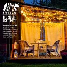 Bearware 4x LED-Lichterkette, Solar 10m warmweiß, Innen & Außen, Solarpanel mit Akku, 100 Leds, IP44