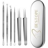 BESTOPE PRO Mitesserentferner, 6-teiliges Akne-Entferner-Set– Pinzetten-Set mit Metallgehäuse, Mitesser-Entferner, Werkzeug aus Hochwertiger Edelstahl, Silber, Modern