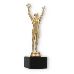 Pokal Kunststofffigur Sieger goldmetallic auf schwarzem Marmorsockel 22,6cm