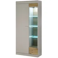 Lomadox Standvitrine Hochschrank Schrank Vitrine Eiche grau matt Beleuchtung