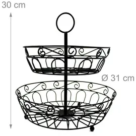 Relaxdays Obst Etagere, 2-stöckig, Metall, HxD: 30 x 31 cm, Obst, Gemüse, mit Griff, runde Obstschale, Obstkorb, schwarz