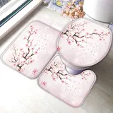 TAOLU Badematte Set 3 Teilig 50x80 Japanische Kirschblüten Badematten 3D rutschfest Waschbar Badvorleger WC Vorleger Deckelbezug U-Förmige Badteppich Badezimmer Blume Rosa Badezimmerdekoratio