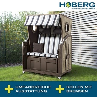 Hoberg 2-Sitzer-Strandkorb mit Bullaugen | Mit 4 verstellbaren Neigungswinkeln | Inkl. Bremsen, Nackenrollen, Fußbänke, Tischen, Kissen | UV-beständig & witterungsbeständig | 120 x 80 x 160 cm