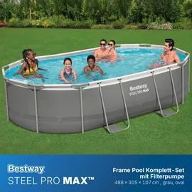 BESTWAY Power Steel Frame Pool oval Set 488 x 305 x 107 cm inkl. Filterpumpe (5-tlg.)