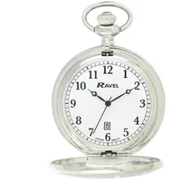Ravel - Full-Hunter-Kalender-Taschenuhr mit Edelstahlkette - Silberton