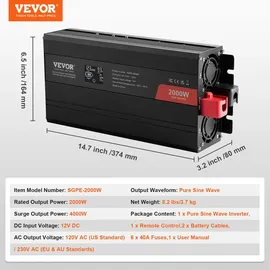 Vevor Wechselrichter mit reiner Sinuswelle 2000W DC 12V AC 230V Spannungswandler mit 2 AC-Steckdosen 2 USB-Anschlüssen 1 Typ-C-Anschluss LCD-Display und Fernbedienung für mittelgroße Haushaltsgeräte
