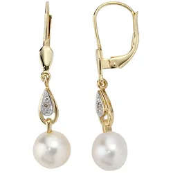 Perlenohrringe JOBO, gelb (gelbgold 585), Ohrringe, Damen, P1 = bei 10-facher Vergrößerung erkennbare Einschlüsse, Gelbgold 585-Diamanten-Perlen, Gelbgold 585, Diamanten, Perlen, 585 Gold mit 2 Diamanten und Süßwasser-Zuchtperlen