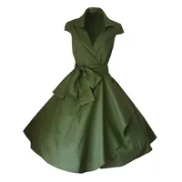 look for the stars Vintage-Kleid im 40er- / 50er-Jahre-Stil, Rockabilly- / Swing- / Pin-up- / Abend- / Party- / Cocktail-Kleid, Baumwoll-Wickelkleid, Größen 32 - 56 Gr. 46, olivgrün - 48