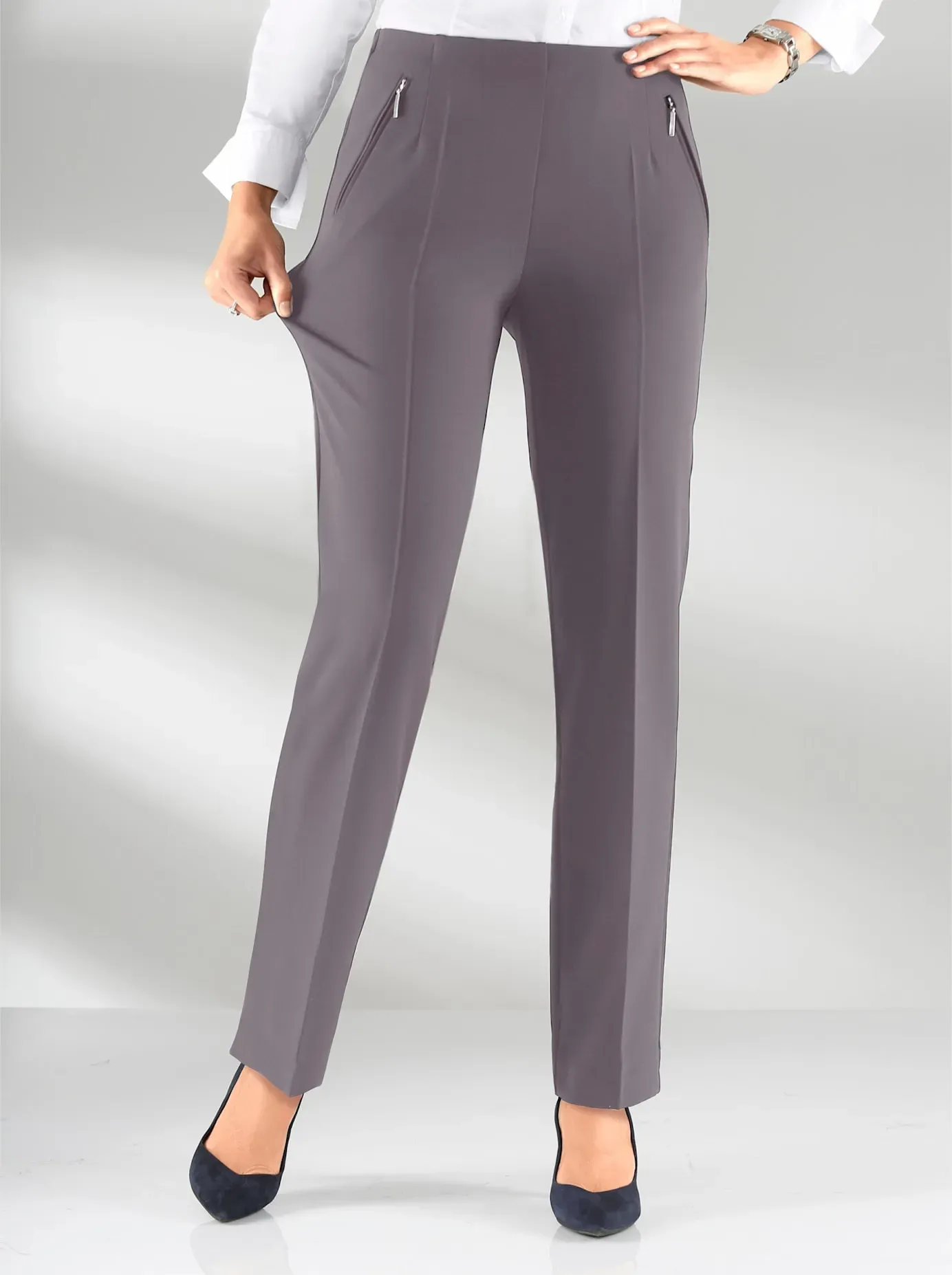 Schlupfhose ADELINA, Damen, Gr. 52, Normalgrößen, grau (anthrazit), 88% Polyester, 12% Elasthan, unifarben, lang, Hosen Schlupfhose