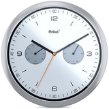 MEBUS Quarz-Wanduhr mit Thermometer und Hygrometer / Kunststoff / Rund / Modell: 16102 / Farbe: Silber, 26 cm