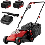 MZK 20V Akku-Rasenmäher, 34 cm Schnittbreite, Bürstenloser Akku-Rasenmäher mit 4-facher Schnitthöhenverstellung, Schiebemäher mit 31L Fangkorb, inkl. 2 x 4,0 Ah Akkus & Ladegerät, LM13B8, Rot