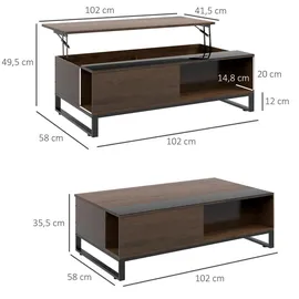 Homcom Couchtisch, Beistelltisch mit Höhenverstellbarer Platte, Sofatisch mit Stauraum, Kaffeetisch im Moderndesign, für Wohnzimmer, Büro, Stahl, Walnuss, Schwarz, 102 x 58 x 35,5 cm