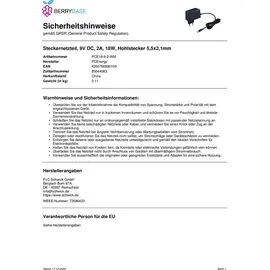 OEM Steckernetzteil, 9V DC, 2A, 18W, Hohlstecker 5,5x2,1mm