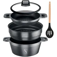 Induktionskochset 24 cm | Dampfgarer + Grillpfanne + Dampfgarer für Lebensmittel mit 3 Ebenen stapelbar + Deckel aus gehärtetem Glas + Löffel