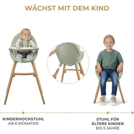 Kinderkraft Hochstuhl FINI2 2 in 1, Kinderhochstuhl, Babystuhl, Kombihochstuhl, Beine aus Holz, Sicherheitsgurte, Fußstütze, Doppeltablett, ab 6 Monate bis 5 Jahre, 5 Punkt Gurte, Grün