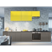 Feldmann-Wohnen Küchenzeile Florence, 355x50x207cm weiß / schwefelgelb - quarzgrau Hochglanz, grifflos grau