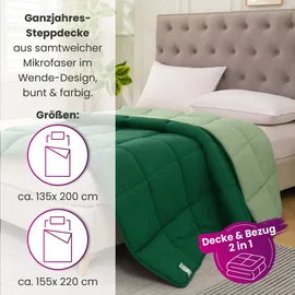 Wometo Steppbett Wende-Design ca. 135x200 cm – dunkelgrün & grün – buntes Ganzjahres Steppbett (Sommer und Winter) I farbig und ohn... - Grün