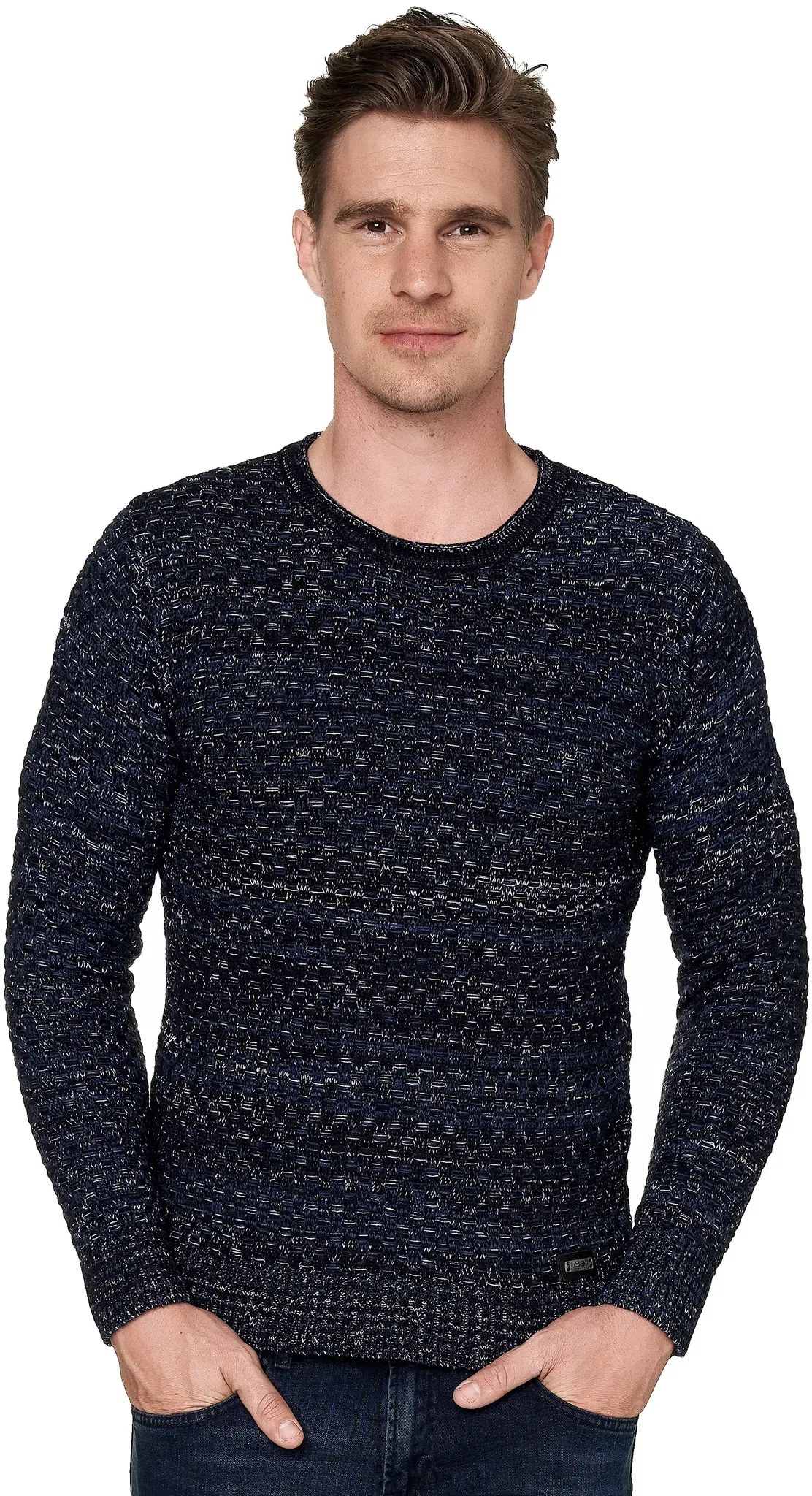 Strickpullover RUSTY NEAL, Herren, Gr. XXL, blau (dunkelblau, meliert), 70% Polyacryl, 30% Baumwolle, unifarben, normal, Rundhals, Pullover Strickpullover, im melierten Design
