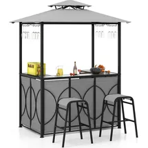 Costway Gartenbar Set Bartisch mit 2 Barhockern 120 x 60 x 110 cm Grau/Braun