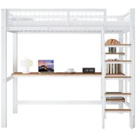 OKWISH Kinderbett Jugendbett Hochbett Eisenbett Metallbett (Metall-Etagenbett mit integriertem Schreibtisch & Regalen, 90x200 cm, Platzsparendes Hochbett für Kinder & Jugendliche, mit Absturzsicherung & stabiler Leiter), Ohne Matratze