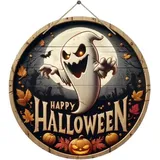 COFI 1453 Wanddekoobjekt Halloween Geist Türschild Deko aus Holz, Happy Halloween braun