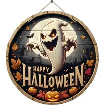 COFI 1453 Wanddekoobjekt Halloween Geist Türschild Deko aus Holz, Happy Halloween braun