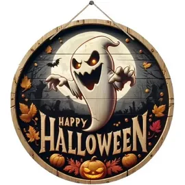 COFI 1453 Wanddekoobjekt Halloween Geist Türschild Deko aus Holz, Happy Halloween braun