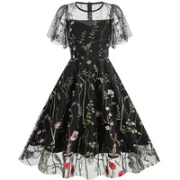 50er Rockabilly Petticoat Kleid Damen Hepburn Tüll Abendkleid Stickerei Blumen Druck Ballkleid Kurzarm Rundhals Partykleid Hohe Taille Abiballkleid A-Linie Brautjungfern Kleider Swing Kleid - XXL