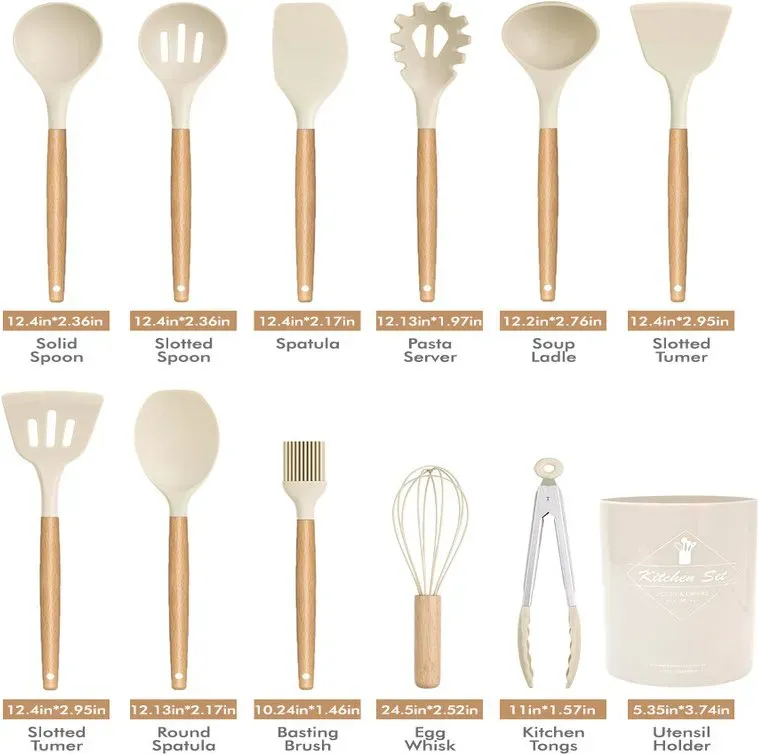 MEOKY 12-teiliges Silikon-Küchenhelfer-Set mit kleinem Halter - Weiß