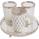 H&D Manufaktur Jinfa 3er Set Teelichtgläser auf Spiegelplatte in Weiß