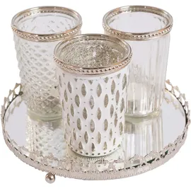 H&D Manufaktur Jinfa 3er Set Teelichtgläser auf Spiegelplatte in Weiß