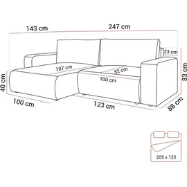 lookway Ecksofa OPERA L-Form mit Schlaffunktion und Bettkasten Grau