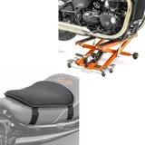 Set: Motorrad Hebebühne Midlift XL bis 500kg orange ConStands mit Gel Sitzkissen M Universal Komfortkissen sw