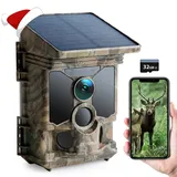 CEYOMUR Solar Wildkamera 4K 30fps, 46MP Wildkamera WLAN Bluetooth, 120° Erfassungs Winkel Bewegungsmelder Nachtsicht IP66 Wasserdicht für Wildtier Überwachung mit U3 32GB Micro SD-Karte