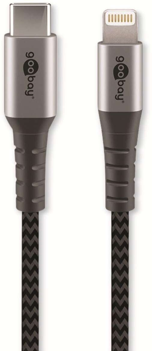 Goobay 49272 Lightning auf USB C Schnellladekabel / MFi Apple Ladekabel Lightning Kabel / 480 Mbits iPhone Kabel / Extrem robustes Textilkabel / Ladekabel iPhone Apple iPad / Grau / 2m