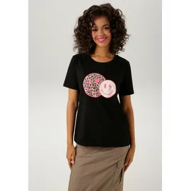 Aniston CASUAL T-Shirt ANISTON CASUAL, Damen, Gr. 32/34, pink (schwarz, pink, beige, weiß, grau), Single Jersey, Obermaterial: 100% Baumwolle, bedruckt, figurumspielend hüftbedeckend, Rundhals, Shirts T-Shirt, mit coolen Smileys bedruckt