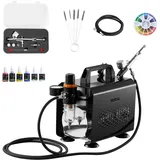 Vevor Airbrush Set 1/6 PS mit Luftkompressor, 1 Dual Action Airbrush Pistole mit 3 Düsen (0,2/0,3/0,5 mm)