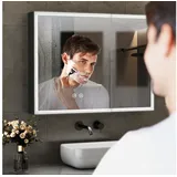 WDWRITTI Badezimmerspiegelschrank mit beleuchtung Spiegelschrank Schwarz mit beleuchtung 80x60 (2 türig, Alu-Schranktür, Anti-fog, 3Lichtfarben, Dimmbar, Speicherfunktion, Doppelseitiger Spiegel, Verstellbare Glasböden) mit Netzadapter, Full Surround Light Strip schwarz