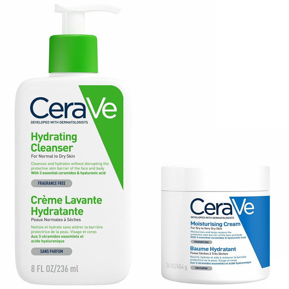 CeraVe Feuchtigkeitsspendende Waschcreme für Gesicht und Körper + Feuchtigkeitsspendender Balsam für Gesicht und Körper