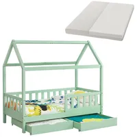 Juskys Kinderbett Marli 80 x 160 cm mit Matratze, Bettkasten, Gitter, Lattenrost & Dach - Bett Mint