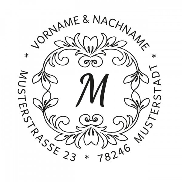 Monogrammstempel - Buchstabenstempel mit Adresse & Blumenmotiv -