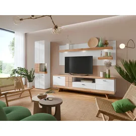 Die Möbelfundgrube Oreta TV-Lowboard 216x62x45 cm Weiß Hochglanz/Eiche MDF/Spanplatte